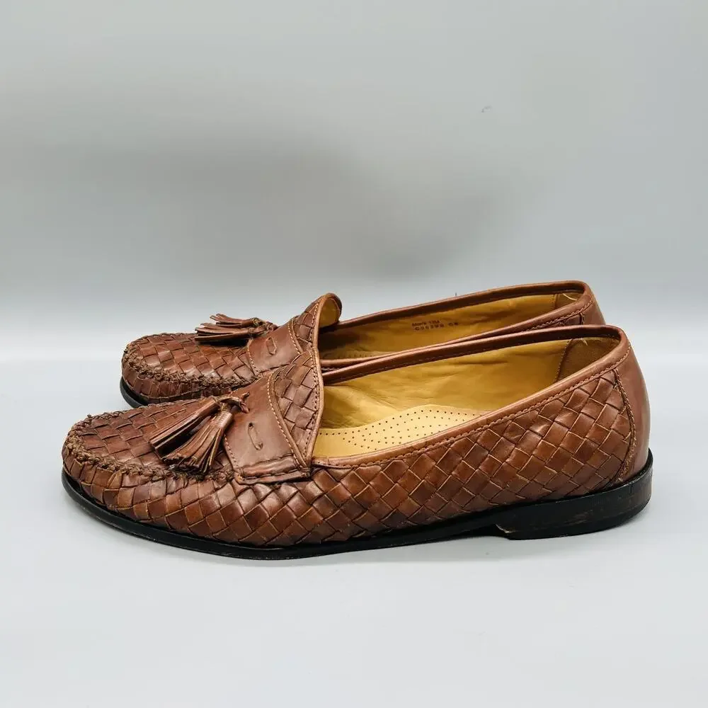 Cole Haan Shoes Mens 13 Brown Leather Woven Tassel Loafers Slip On Vtg Moc Toe